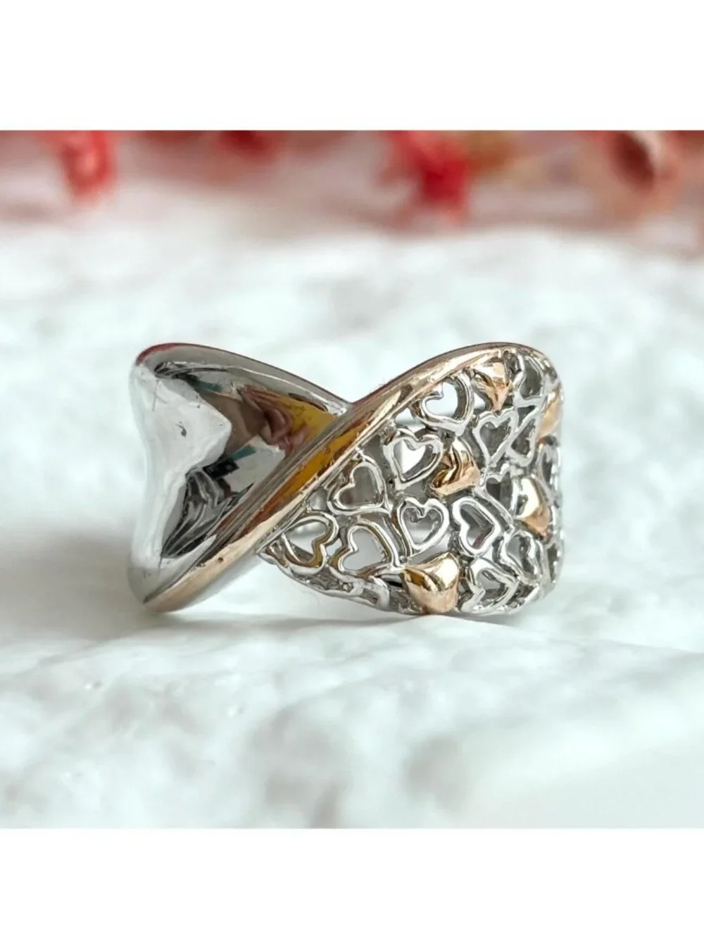 Dual Toned Gold Overlay Heart Crossover Sterling Silver 925 Vintage Ring sz 7.25